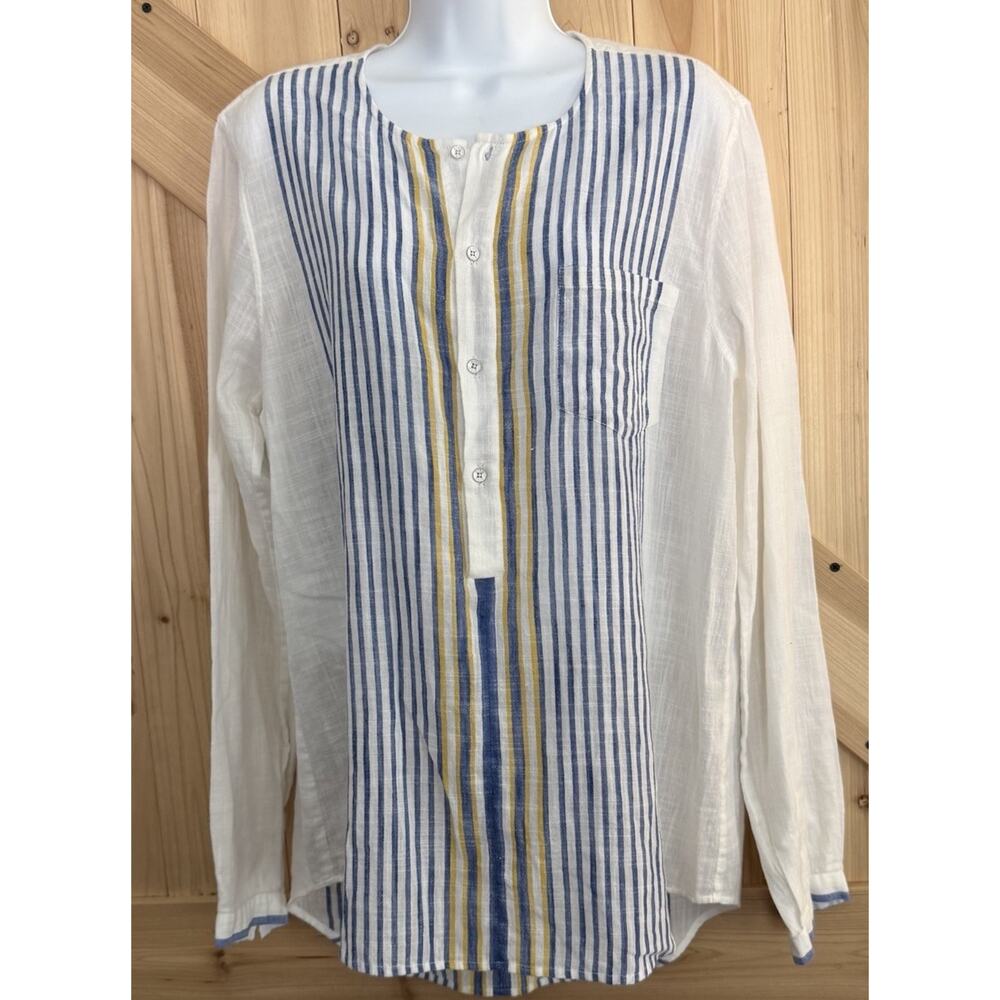 AISH Striped Popover Top Blue White Yellow Nautical Preppy Quiet Luxury Sz S